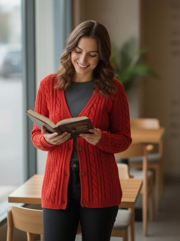 Classic Red Knit Cardigan Top with Buttons | Casual Winter Top