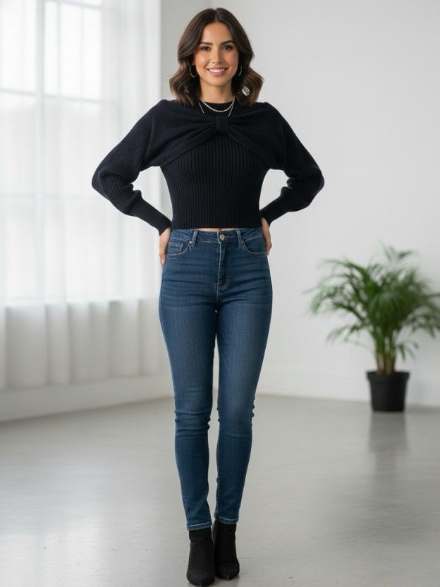 Elegant Ribbed Knit Top with Front Bow | Women’s Fashion Top