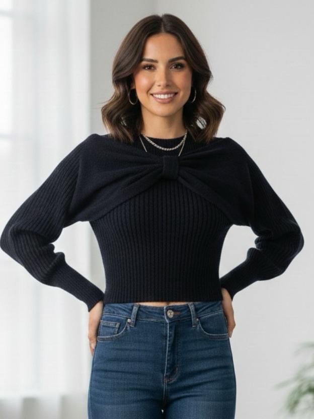 Elegant Ribbed Knit Top with Front Bow | Women’s Fashion Top