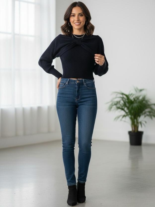 Elegant Ribbed Knit Top with Front Bow | Women’s Fashion Top