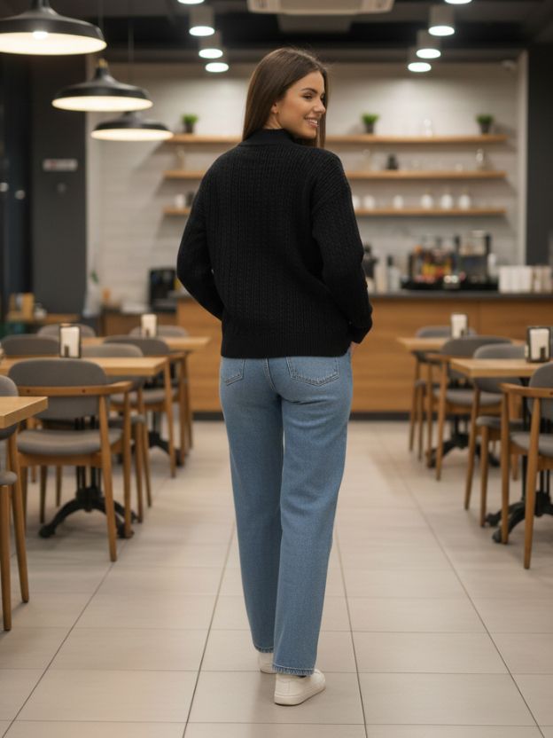 Black Ribbed Knit Sweater Top for Women | Solid Long Sleeve Winter Wear Top