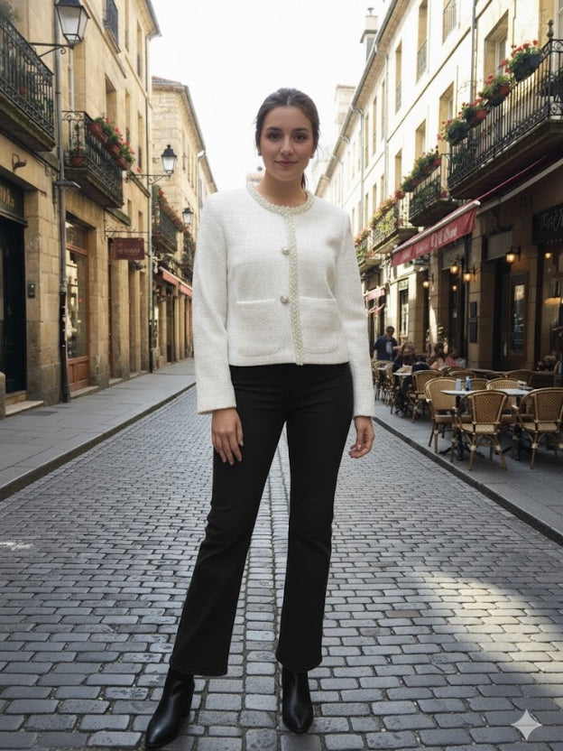 White Textured Women’s Top with Buttons | Luxury Minimal Jacket Style