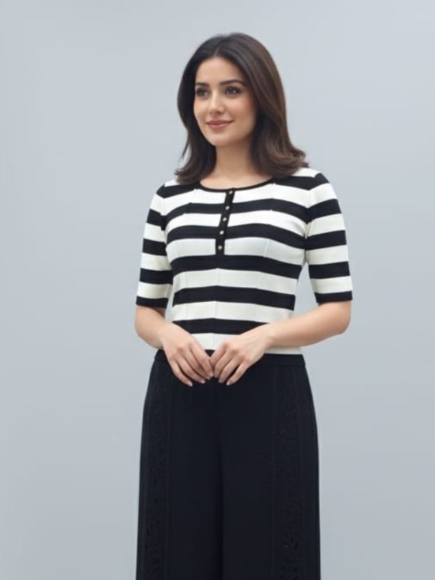 Women’s Striped Casual Top with Button Placket | Smart Everyday Knitwear