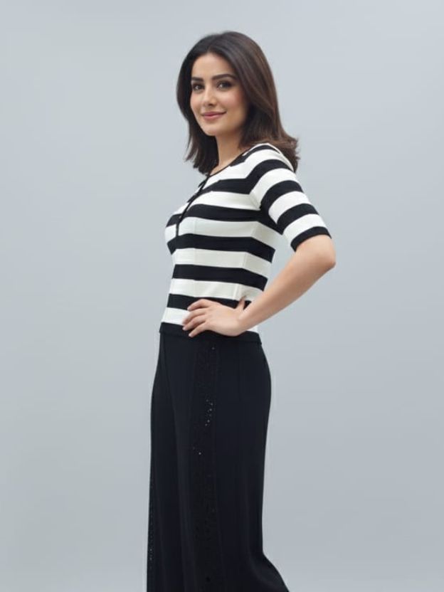 Women’s Striped Casual Top with Button Placket | Smart Everyday Knitwear