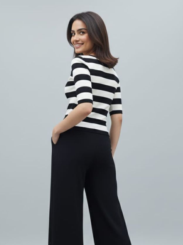Women’s Striped Casual Top with Button Placket | Smart Everyday Knitwear