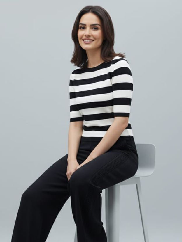 Women’s Striped Casual Top with Button Placket | Smart Everyday Knitwear
