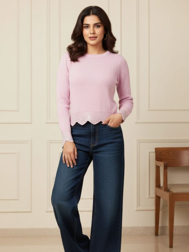 Lavender Ribbed Knit Sweater Top for Women | Scalloped Hem Detail