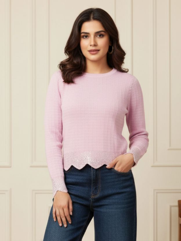 Lavender Ribbed Knit Sweater Top for Women | Scalloped Hem Detail