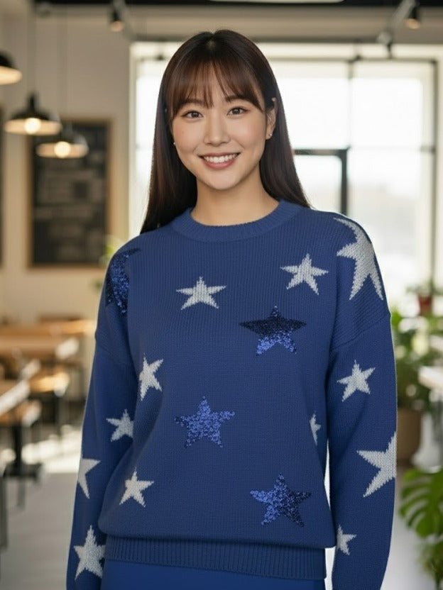Blue Star Pattern Sweater Top for Women | Casual Winter Knitwear