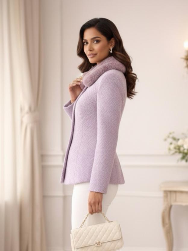 Women’s Lavender Wool Blend Blazer with Faux Fur Collar | Luxury Winter Tailored Coat