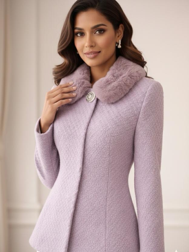 Women’s Lavender Wool Blend Blazer with Faux Fur Collar | Luxury Winter Tailored Coat