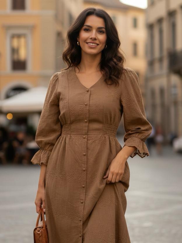 Women’s Cotton Midi Dress with Buttons | Elegant Casual Summer Dress