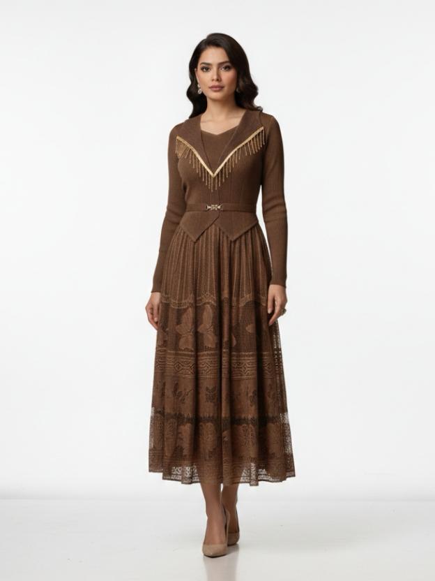 Luxury Full Sleeve Lace Midi Dress | Elegant Party Wear Dress