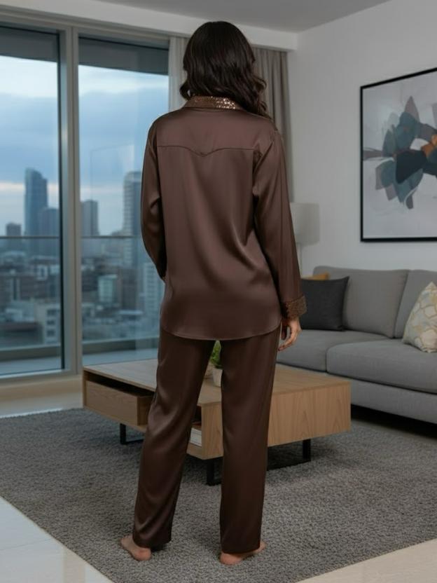 Women’s Chocolate Brown Satin Co-Ord Set | Premium Pajama Style with Sequin Pocket