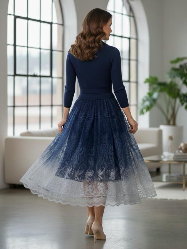 Elegant Midi Dress for Women | Lace Ombre Skirt