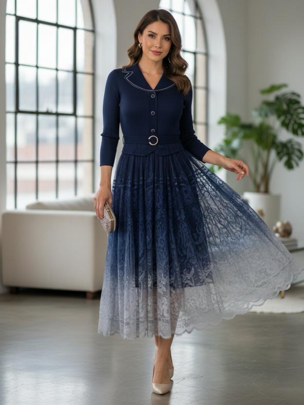 Elegant Midi Dress for Women | Lace Ombre Skirt