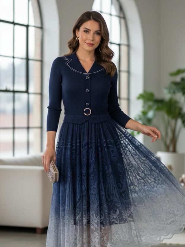 Elegant Midi Dress for Women | Lace Ombre Skirt