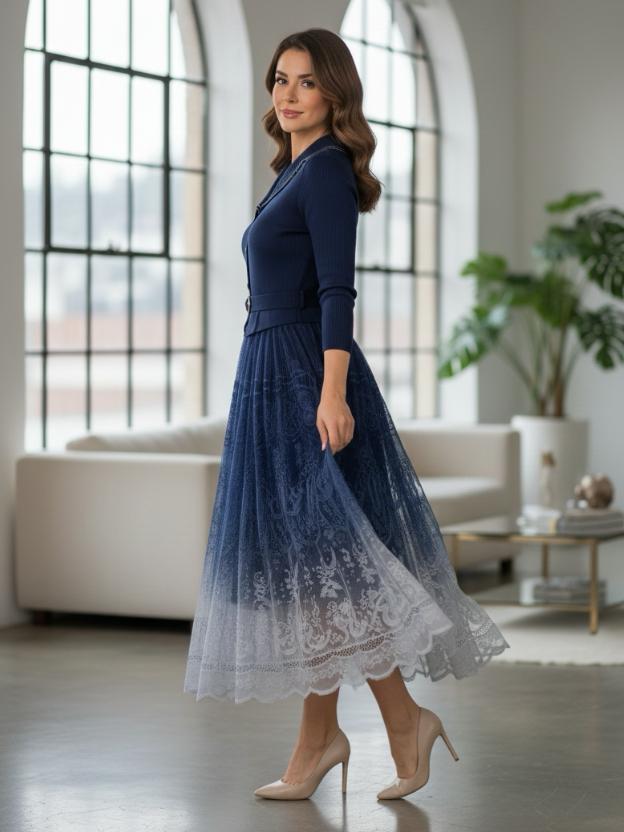 Elegant Midi Dress for Women | Lace Ombre Skirt