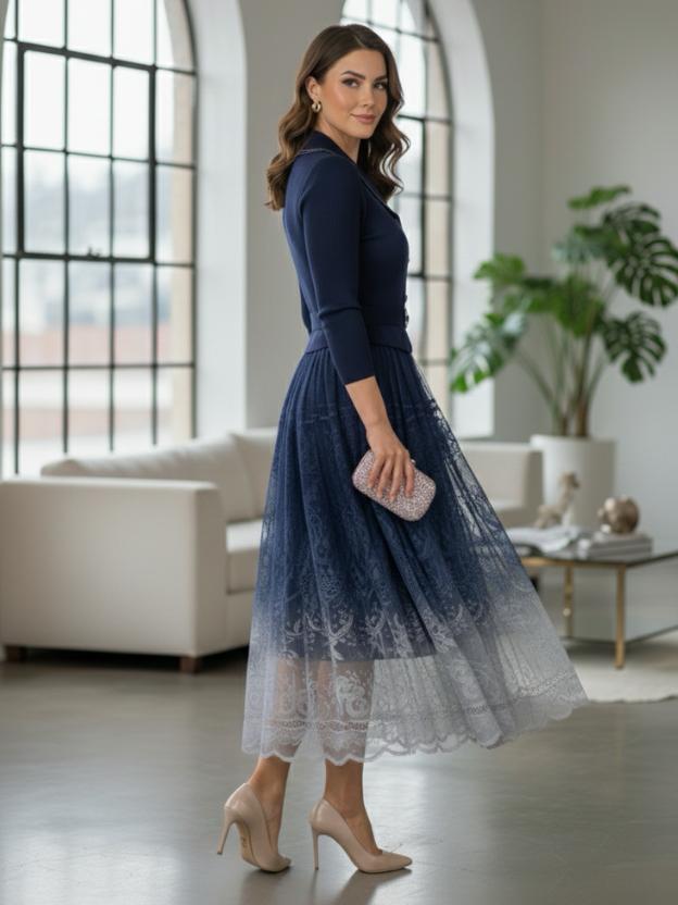 Elegant Midi Dress for Women | Lace Ombre Skirt