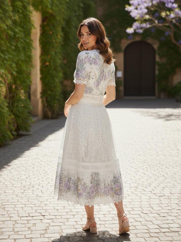 Floral Eyelet Lace Two-Piece Skirt Set - Short Sleeve Crop Top & Midi Skirt