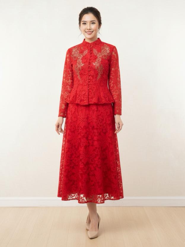 Elegant Lace Peplum Top and A-Line Midi Skirt Set with Mandarin Collar