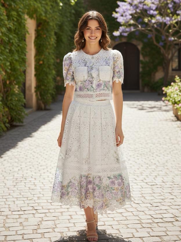 Floral Eyelet Lace Two-Piece Skirt Set - Short Sleeve Crop Top & Midi Skirt