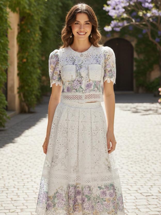 Floral Eyelet Lace Two-Piece Skirt Set - Short Sleeve Crop Top & Midi Skirt