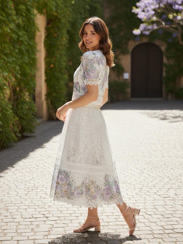 Floral Eyelet Lace Two-Piece Skirt Set - Short Sleeve Crop Top & Midi Skirt
