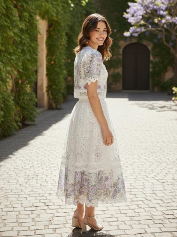 Floral Eyelet Lace Two-Piece Skirt Set - Short Sleeve Crop Top & Midi Skirt