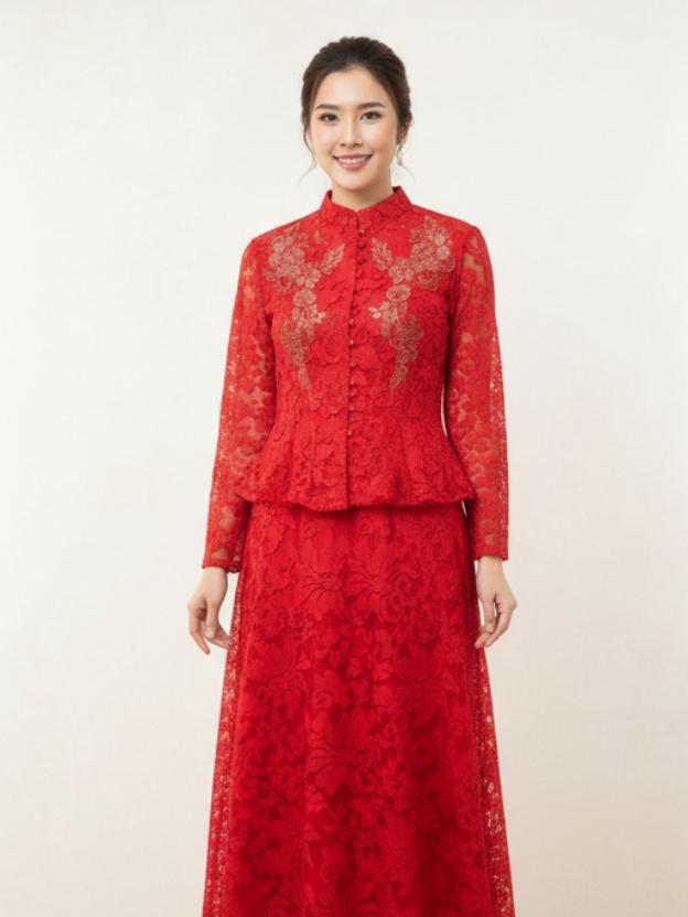 Elegant Lace Peplum Top and A-Line Midi Skirt Set with Mandarin Collar
