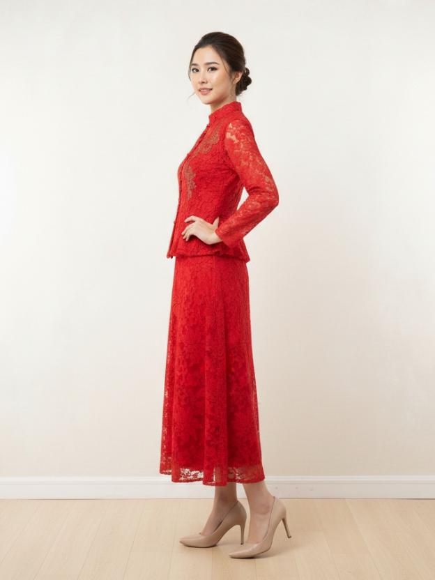 Elegant Lace Peplum Top and A-Line Midi Skirt Set with Mandarin Collar