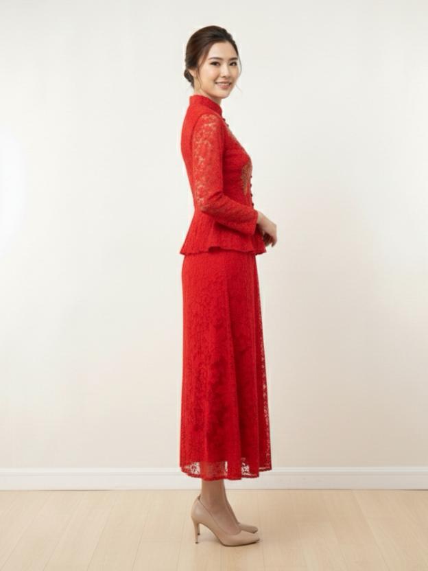 Elegant Lace Peplum Top and A-Line Midi Skirt Set with Mandarin Collar