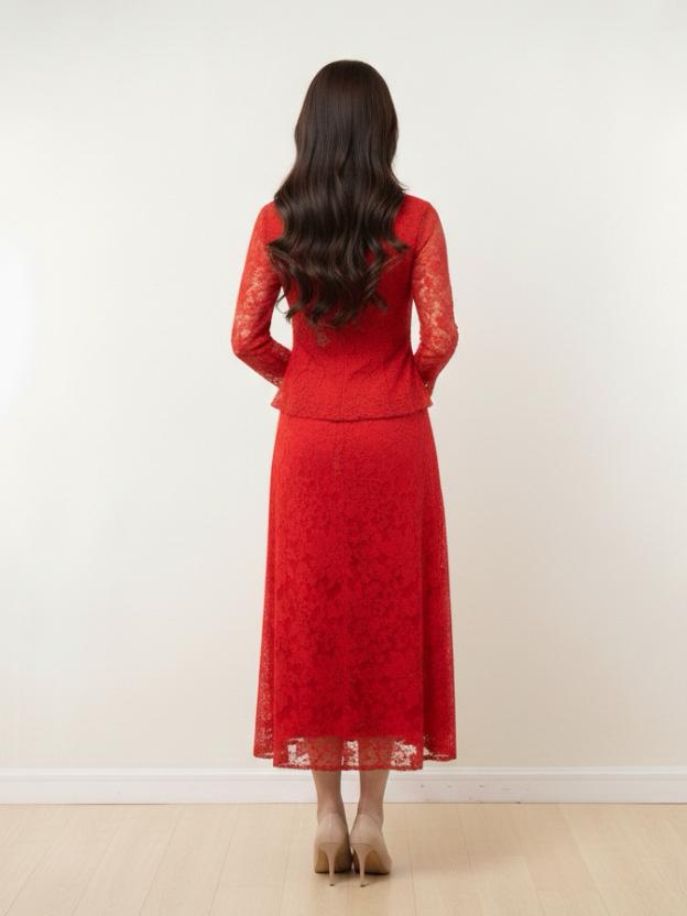 Elegant Lace Peplum Top and A-Line Midi Skirt Set with Mandarin Collar