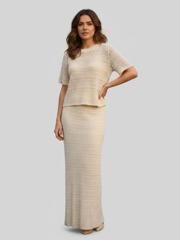 Women's Ribbed Knit Two-Piece Set – Matching Short-Sleeve Top and Maxi Skirt Co-Ord