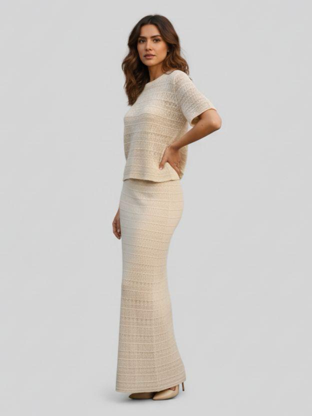 Women's Ribbed Knit Two-Piece Set – Matching Short-Sleeve Top and Maxi Skirt Co-Ord