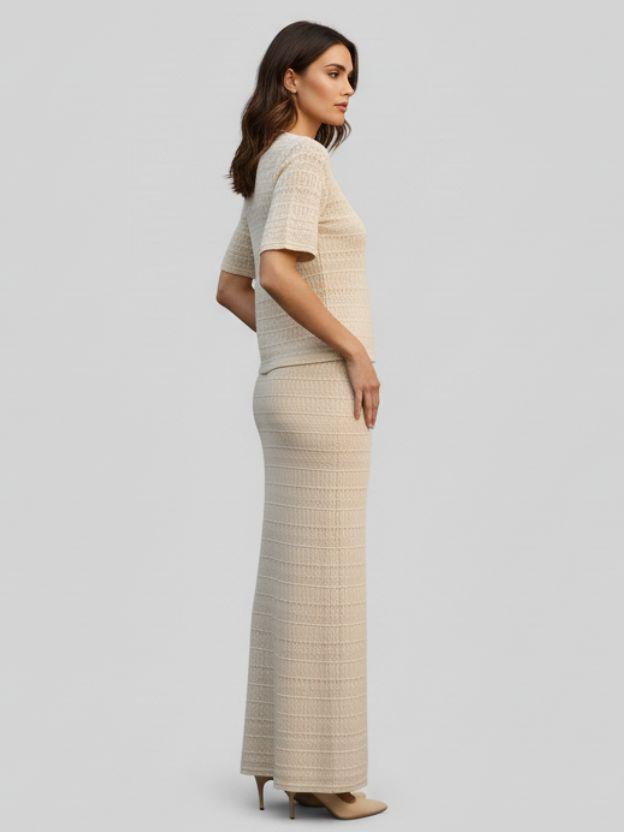Women's Ribbed Knit Two-Piece Set – Matching Short-Sleeve Top and Maxi Skirt Co-Ord