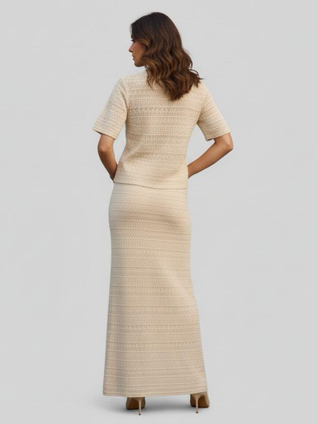 Women's Ribbed Knit Two-Piece Set – Matching Short-Sleeve Top and Maxi Skirt Co-Ord