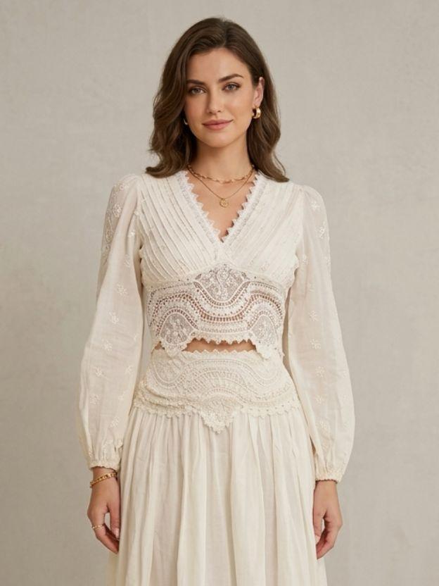 Boho Ivory Lace Two-Piece Midi Dress Set - Vintage Crochet V-Neck Long Sleeve Crop Top and Pleated Maxi Skirt