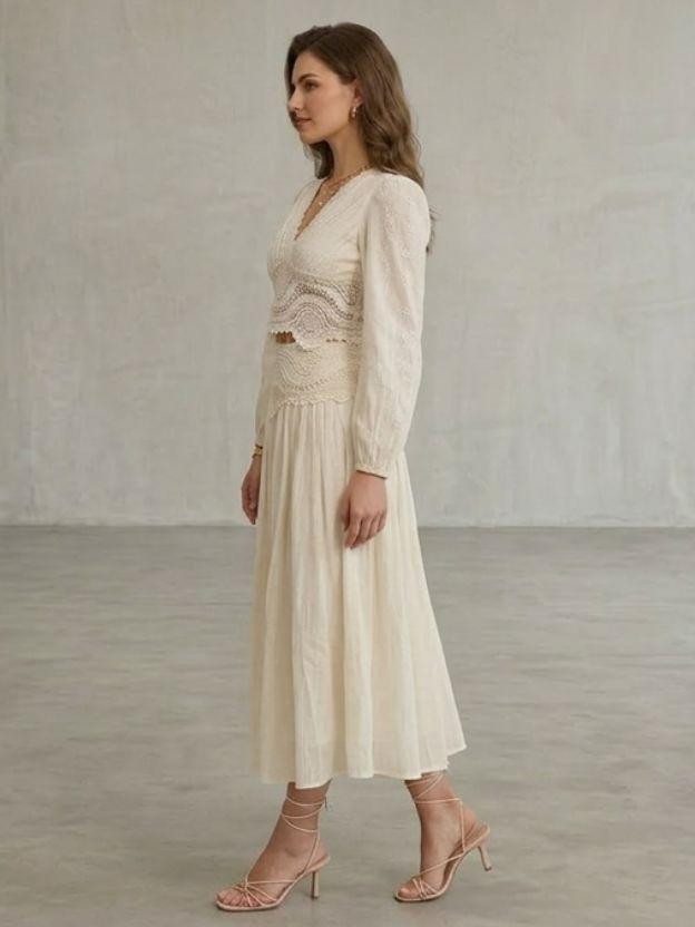 Boho Ivory Lace Two-Piece Midi Dress Set - Vintage Crochet V-Neck Long Sleeve Crop Top and Pleated Maxi Skirt
