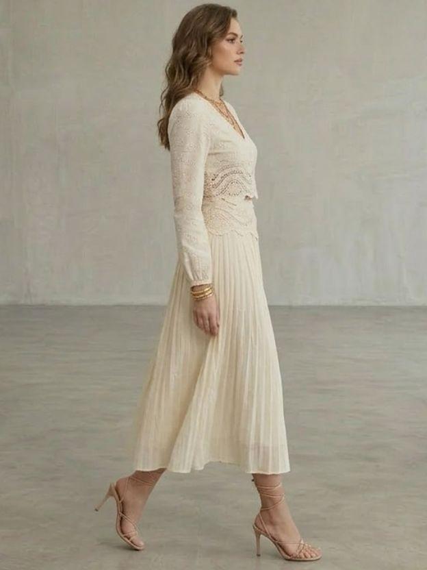 Boho Ivory Lace Two-Piece Midi Dress Set - Vintage Crochet V-Neck Long Sleeve Crop Top and Pleated Maxi Skirt