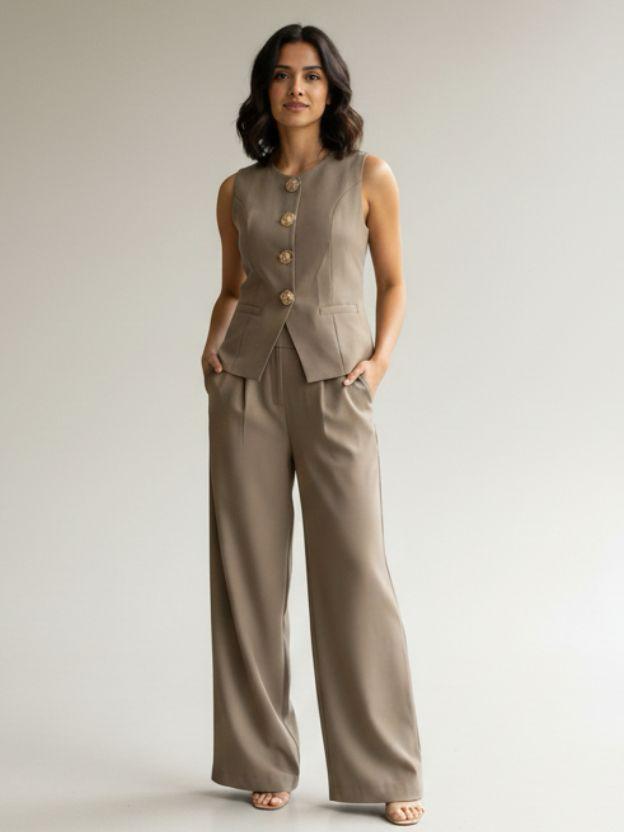 Elegant Two-Piece Vest and Wide Leg Pant Set - Sleeveless Button-Down Waistcoat and High-Waisted Trousers Co-ord Suit