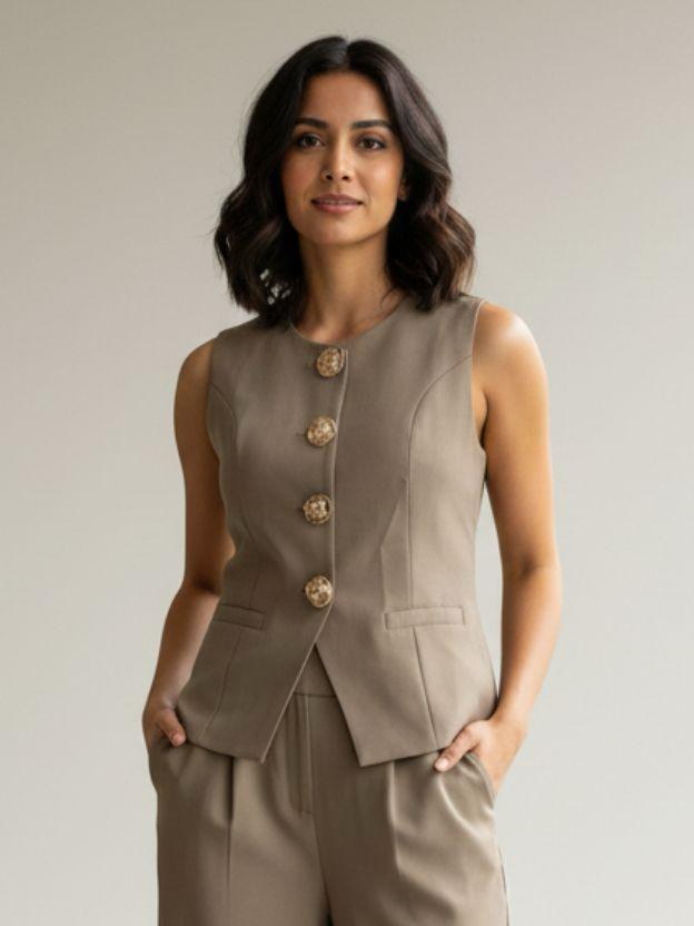 Elegant Two-Piece Vest and Wide Leg Pant Set - Sleeveless Button-Down Waistcoat and High-Waisted Trousers Co-ord Suit