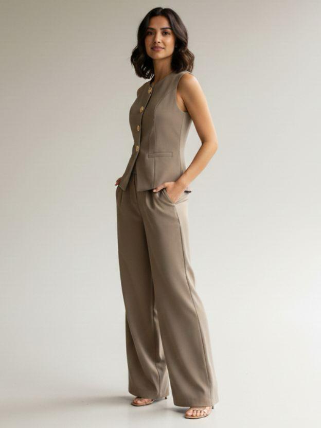 Elegant Two-Piece Vest and Wide Leg Pant Set - Sleeveless Button-Down Waistcoat and High-Waisted Trousers Co-ord Suit