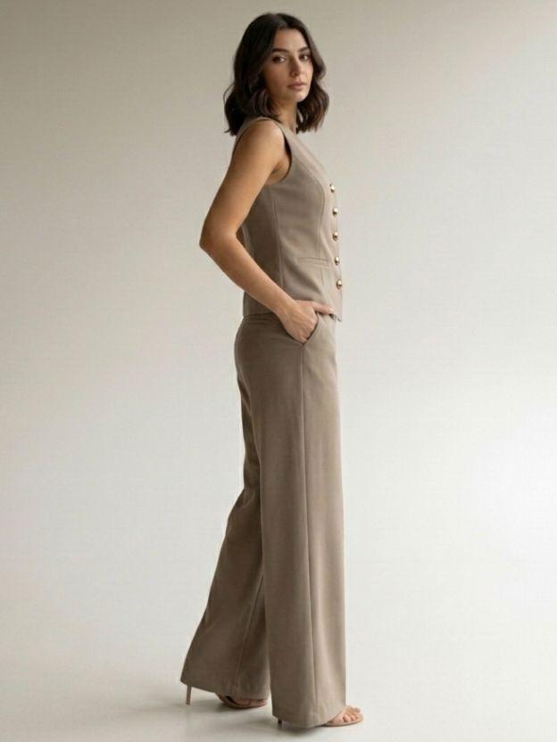 Elegant Two-Piece Vest and Wide Leg Pant Set - Sleeveless Button-Down Waistcoat and High-Waisted Trousers Co-ord Suit