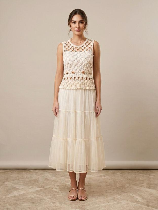 Crochet Lace Peplum Top and Tiered Tulle Midi Skirt Set