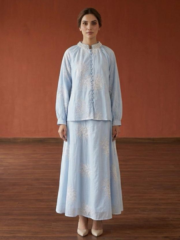 Elegant Long Sleeve High-Neck Embroidered Tunic with Flowy Maxi Skirt
