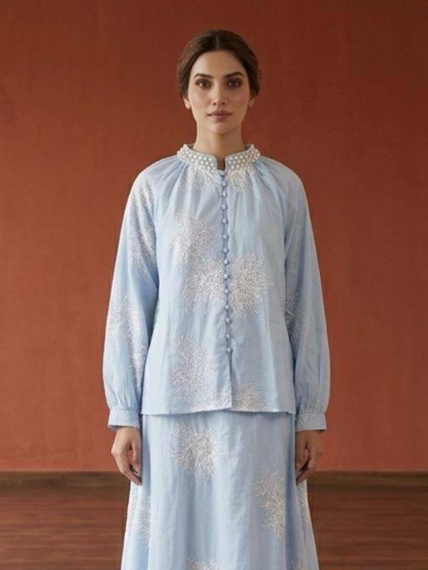 Elegant Long Sleeve High-Neck Embroidered Tunic with Flowy Maxi Skirt