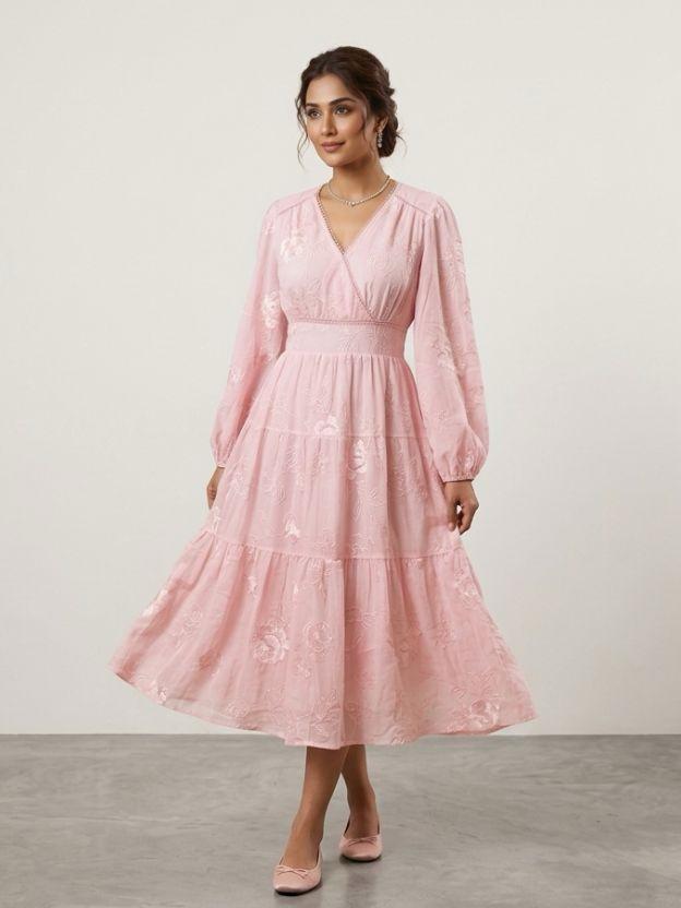 Floral Jacquard Tiered Midi Dress with Puff Sleeves