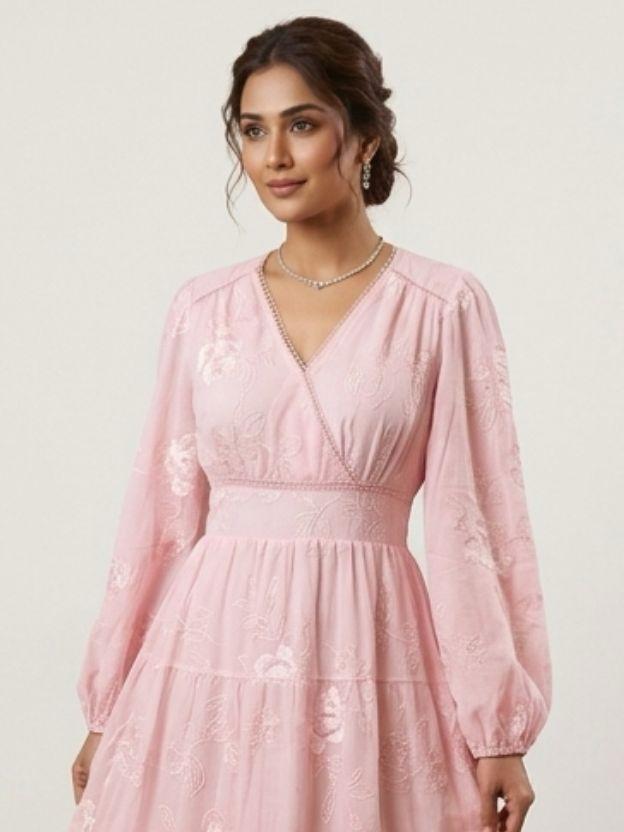 Floral Jacquard Tiered Midi Dress with Puff Sleeves