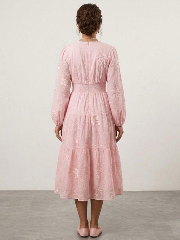 Floral Jacquard Tiered Midi Dress with Puff Sleeves